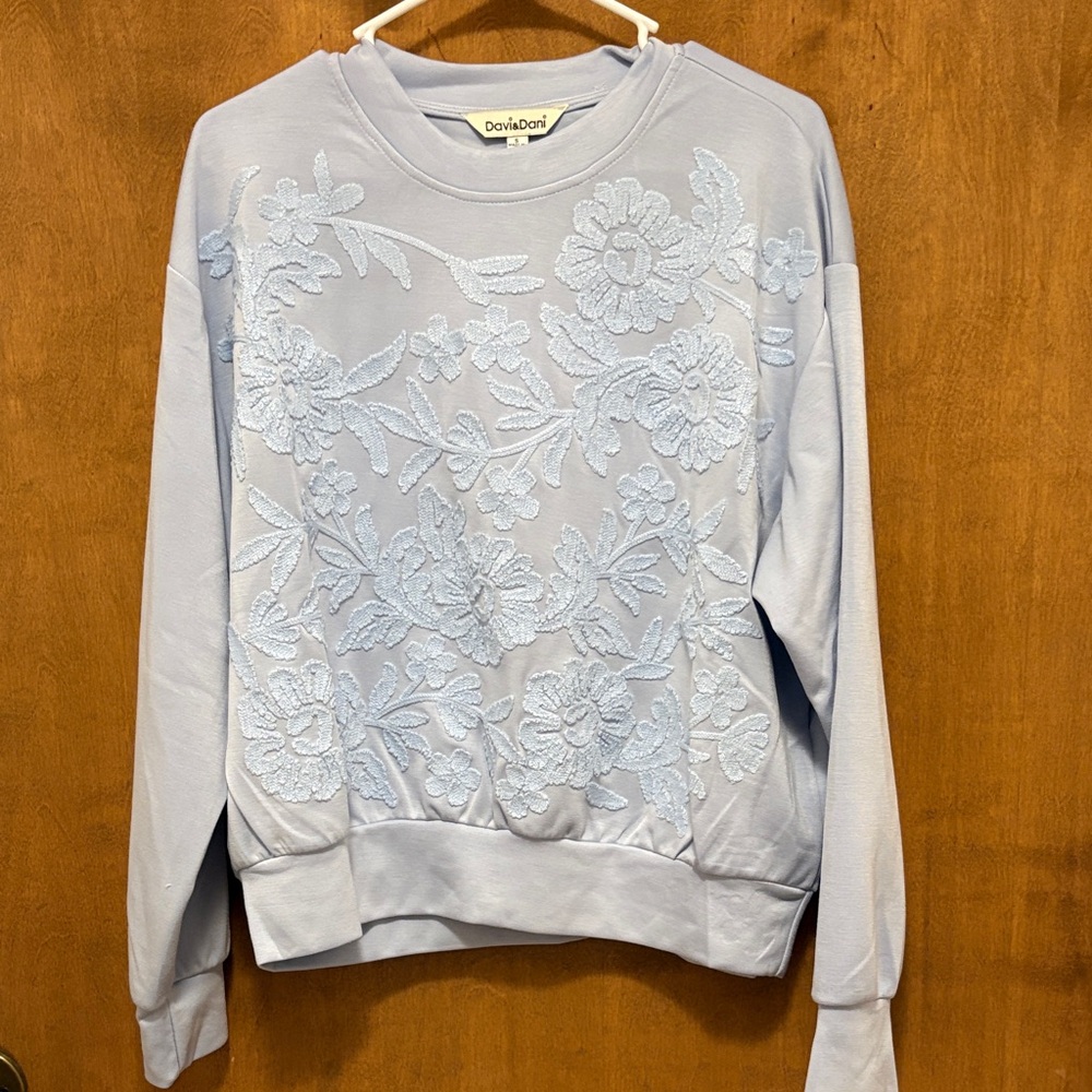 140. Davi&Dani Light Blue Embroidered Floral Sweatshirt